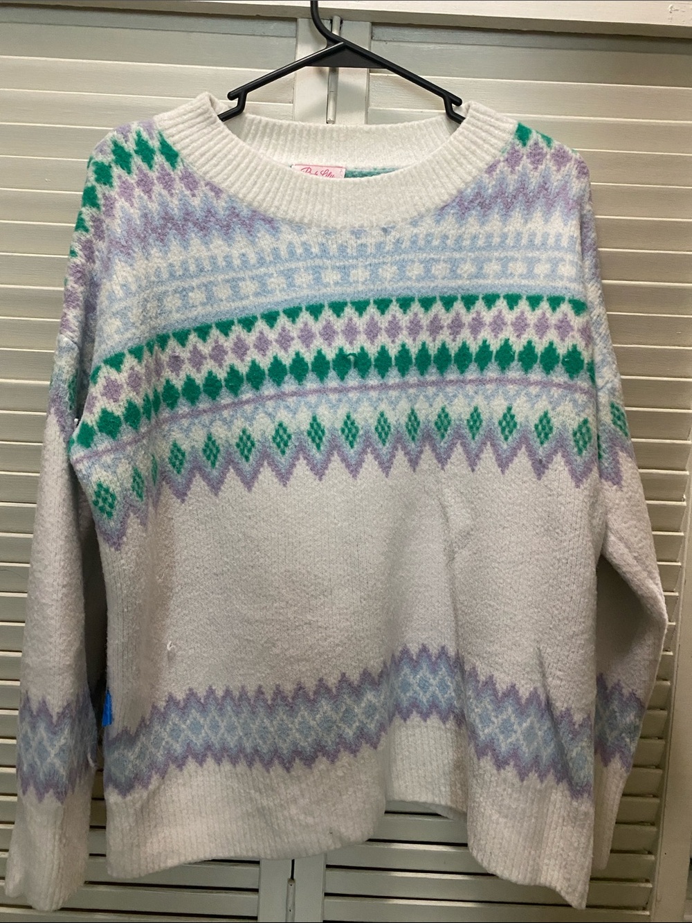 Pink Lily White Crewneck Sweater with Green & Lavender Fair Isle
